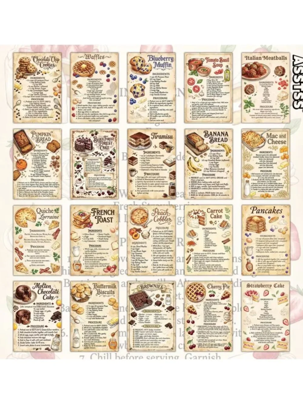 NWT 20pc Vintage Dessert Recipe Cards Aesthetic Kitchen Decor Postcards